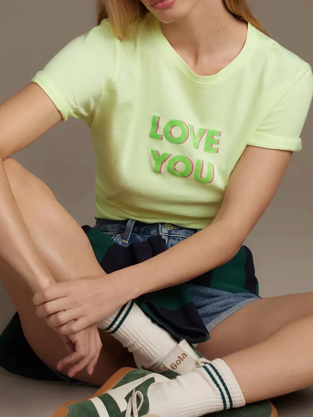 KULE Neon Yellow 'LOVE YOU' Short Sleeve Tee with Pink & Green Graphic